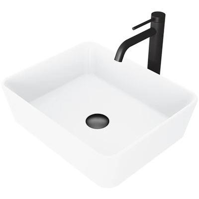 Matte Stone Marigold Composite Rectangular Vessel Bathroom Sink in White with Faucet and Pop-Up Drain