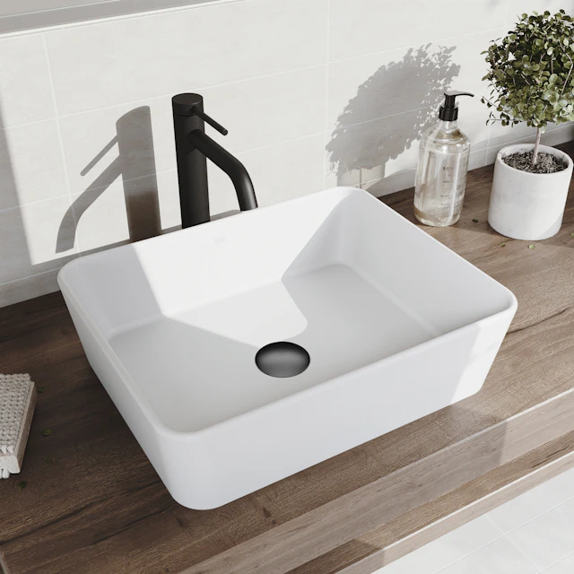 Matte Stone Marigold Composite Rectangular Vessel Bathroom Sink in White with Faucet and Pop-Up Drain - angle 3 - other