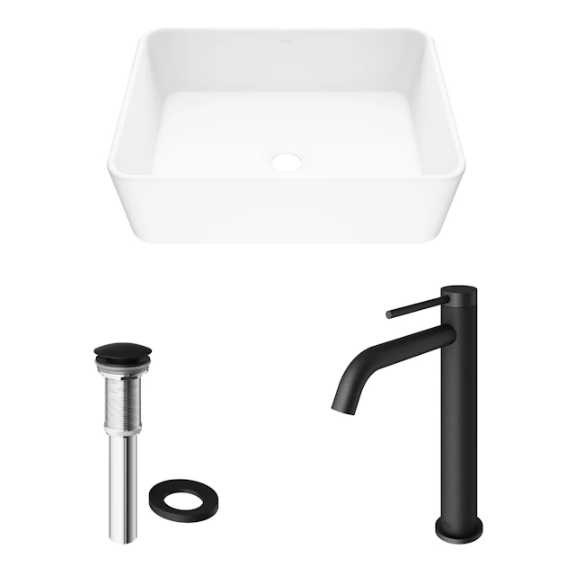 Matte Stone Marigold Composite Rectangular Vessel Bathroom Sink in White with Faucet and Pop-Up Drain - angle 4 - other