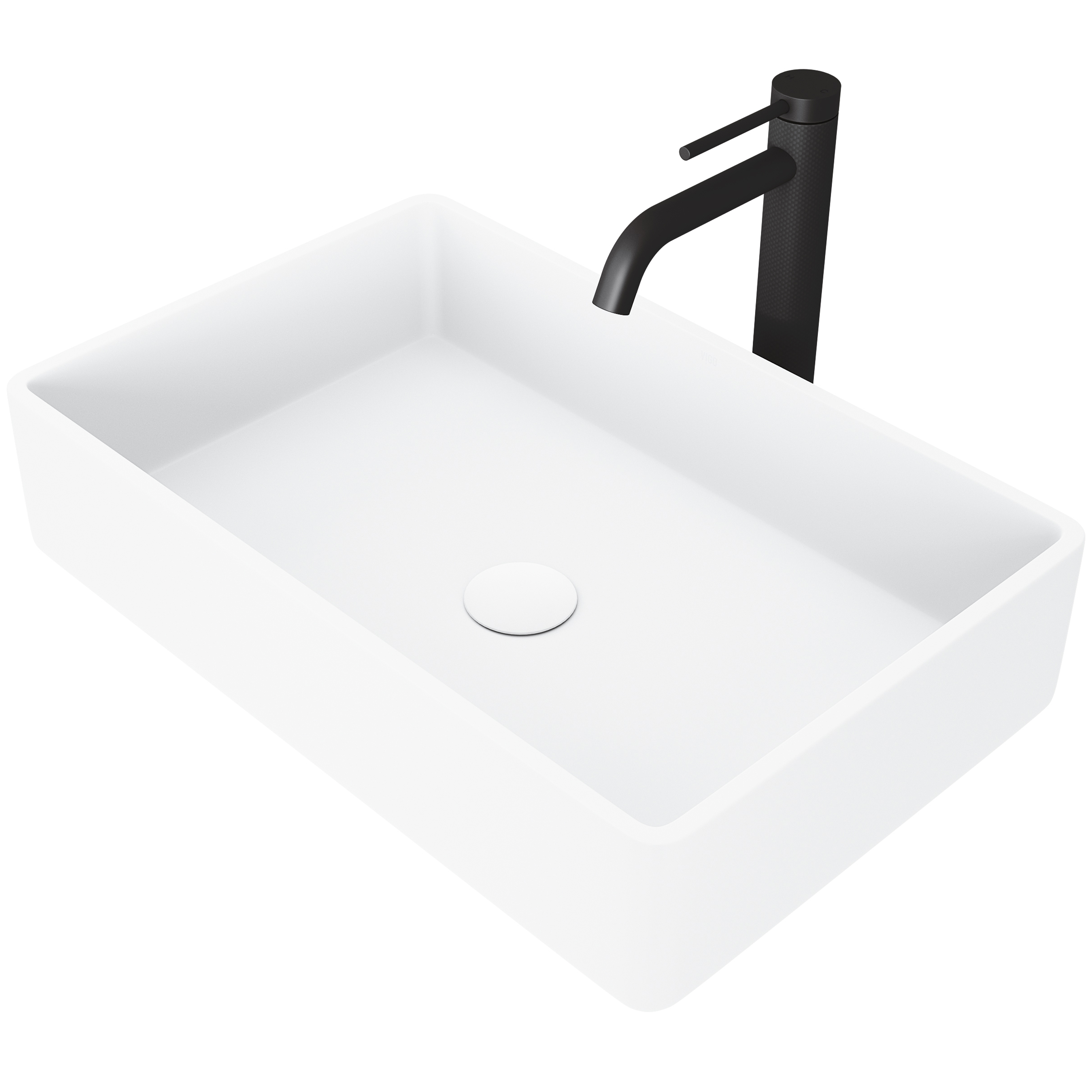 Matte Stone Magnolia Composite Rectangular Vessel Bathroom Sink in White with Faucet and Pop-Up Drain