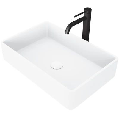 Matte Stone Magnolia Composite Rectangular Vessel Bathroom Sink in White with Faucet and Pop-Up Drain