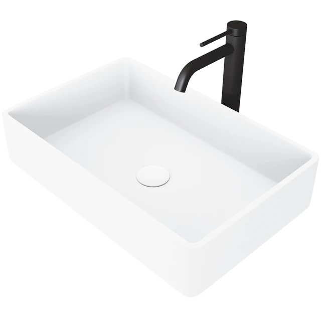 Matte Stone Magnolia Composite Rectangular Vessel Bathroom Sink in White with Faucet and Pop-Up Drain - angle 1 - other