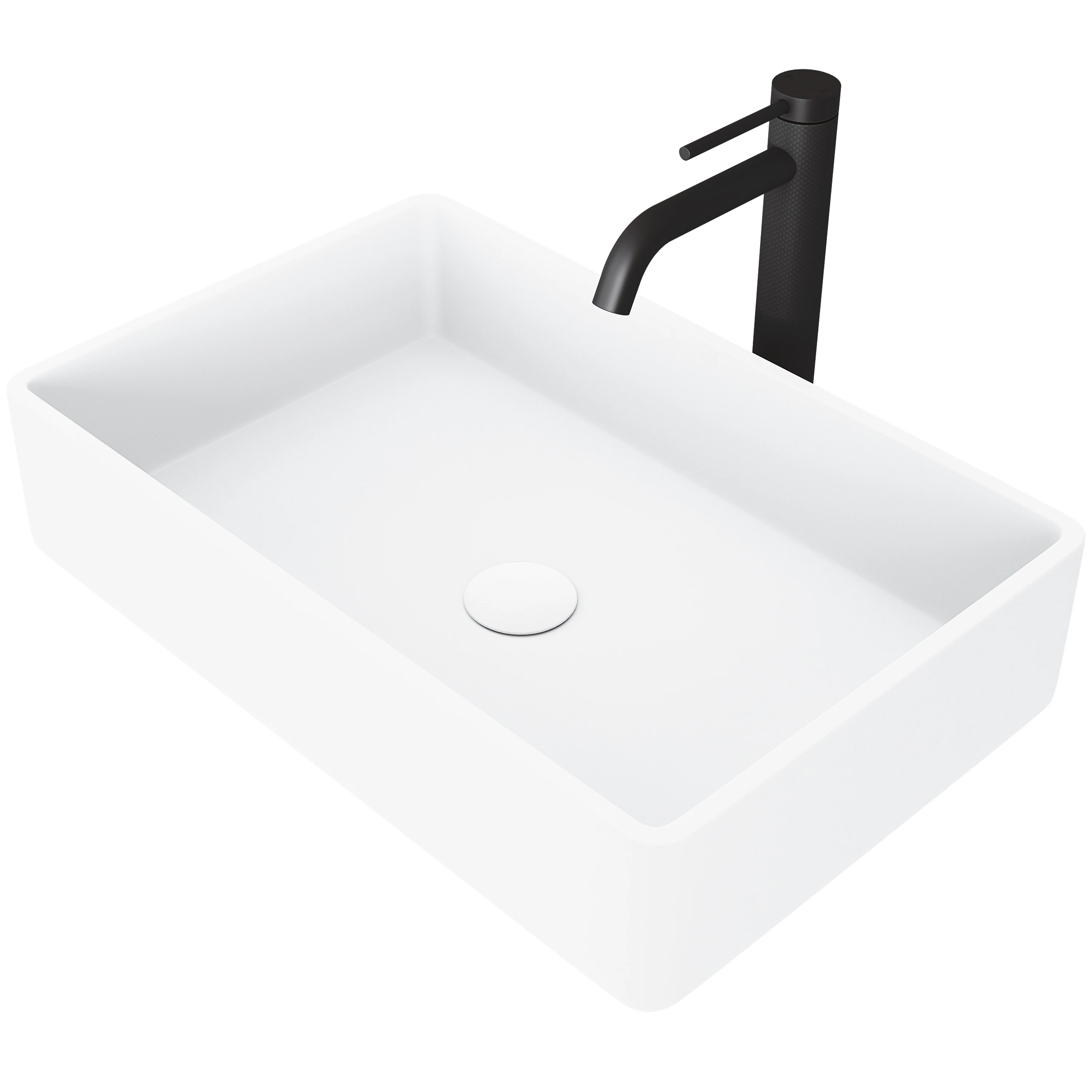 Matte Stone Magnolia Composite Rectangular Vessel Bathroom Sink in White with Faucet and Pop-Up Drain