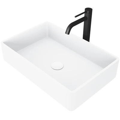 Matte Stone Magnolia Composite Rectangular Vessel Bathroom Sink in White with Faucet and Pop-Up Drain