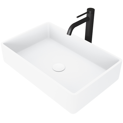Matte Stone Magnolia Composite Rectangular Vessel Bathroom Sink in White with Faucet and Pop-Up Drain - image 1 - other