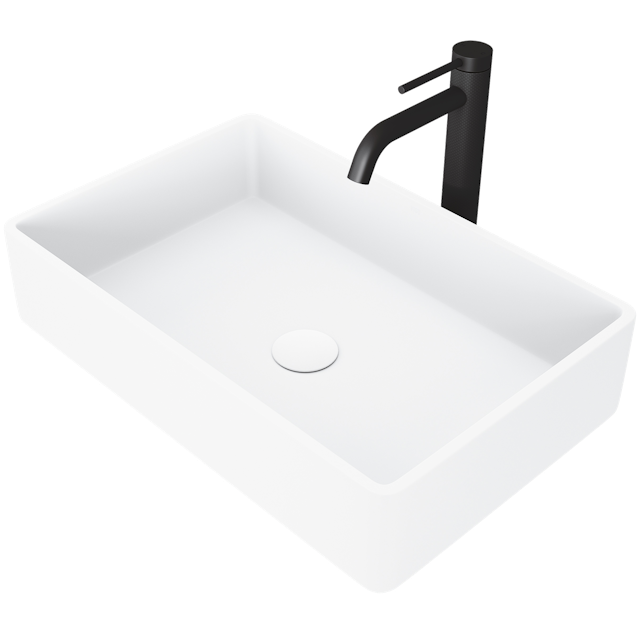 Matte Stone Magnolia Composite Rectangular Vessel Bathroom Sink in White with Faucet and Pop-Up Drain - image 1 - other