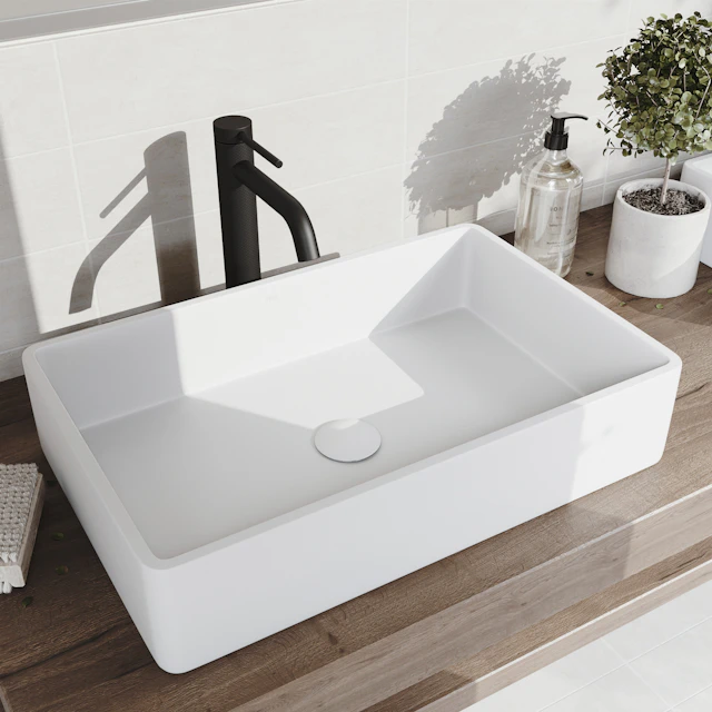 Matte Stone Magnolia Composite Rectangular Vessel Bathroom Sink in White with Faucet and Pop-Up Drain - angle 3 - other
