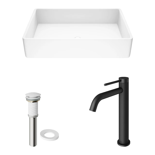 Matte Stone Magnolia Composite Rectangular Vessel Bathroom Sink in White with Faucet and Pop-Up Drain - angle 4 - other