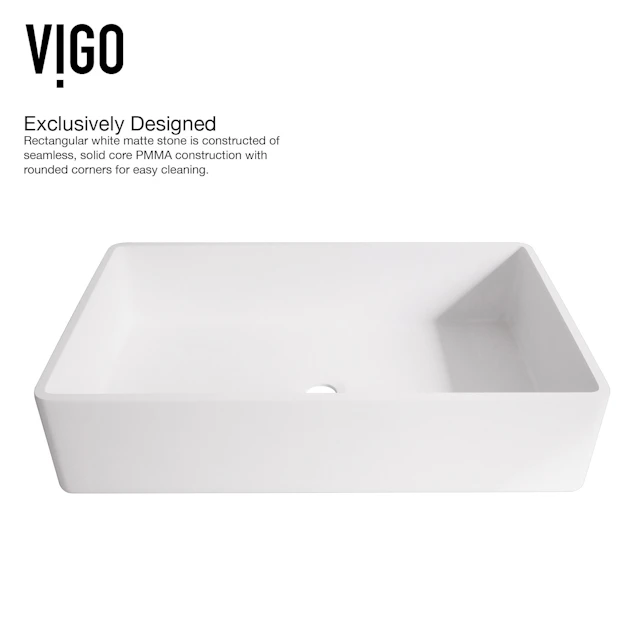 Matte Stone Magnolia Composite Rectangular Vessel Bathroom Sink in White with Faucet and Pop-Up Drain - angle 7 - other