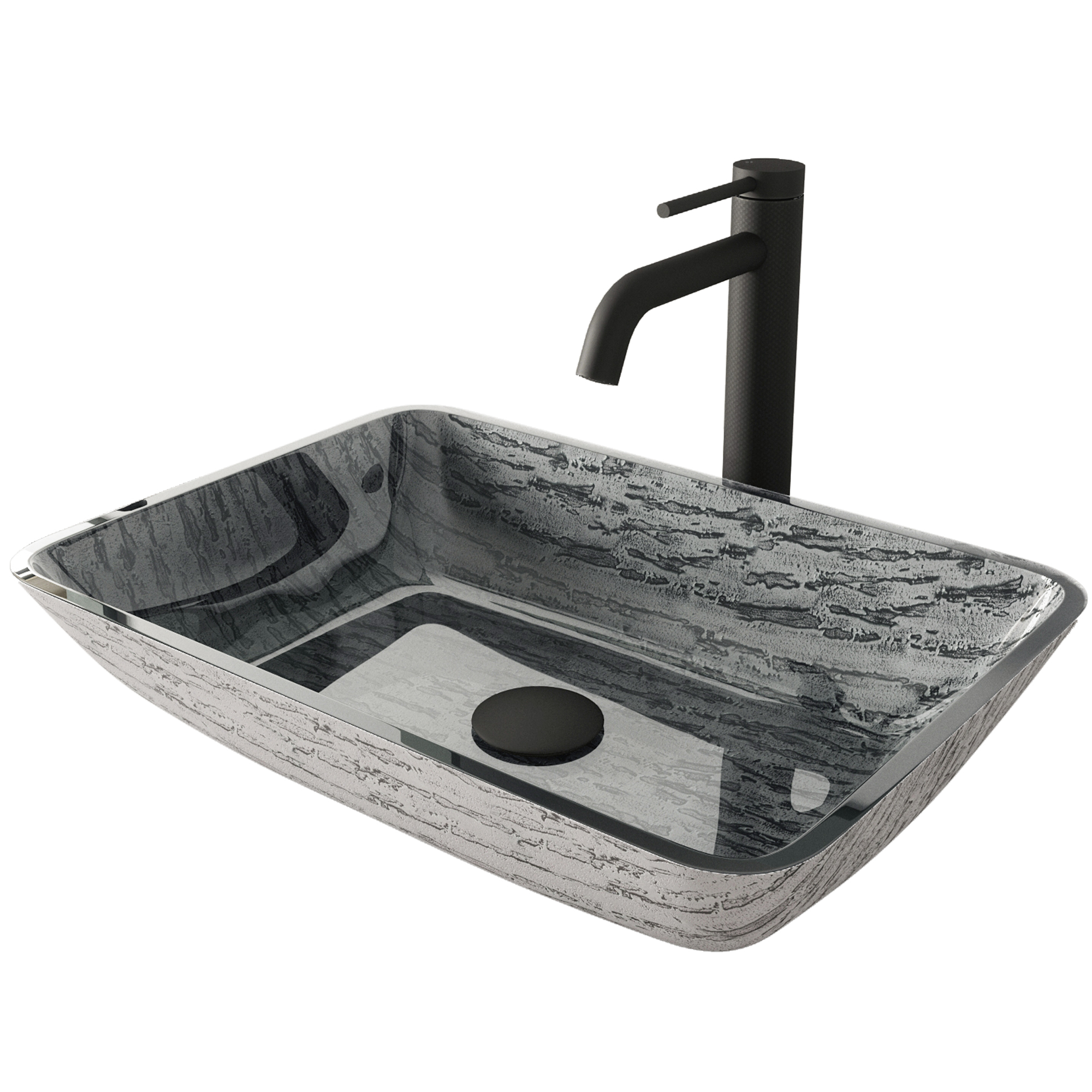 Glass Rectangular Vessel Bathroom Sink in Titanium Gray with Lexington Faucet and Pop-Up Drain