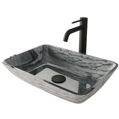 Glass Rectangular Vessel Bathroom Sink in Titanium Gray with Lexington Faucet and Pop-Up Drain