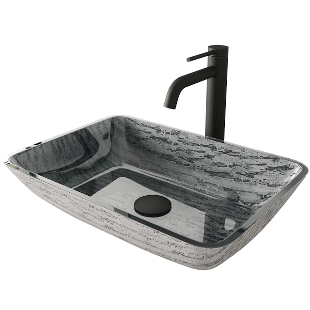 Glass Rectangular Vessel Bathroom Sink in Titanium Gray with Lexington Faucet and Pop-Up Drain - angle 1 - other