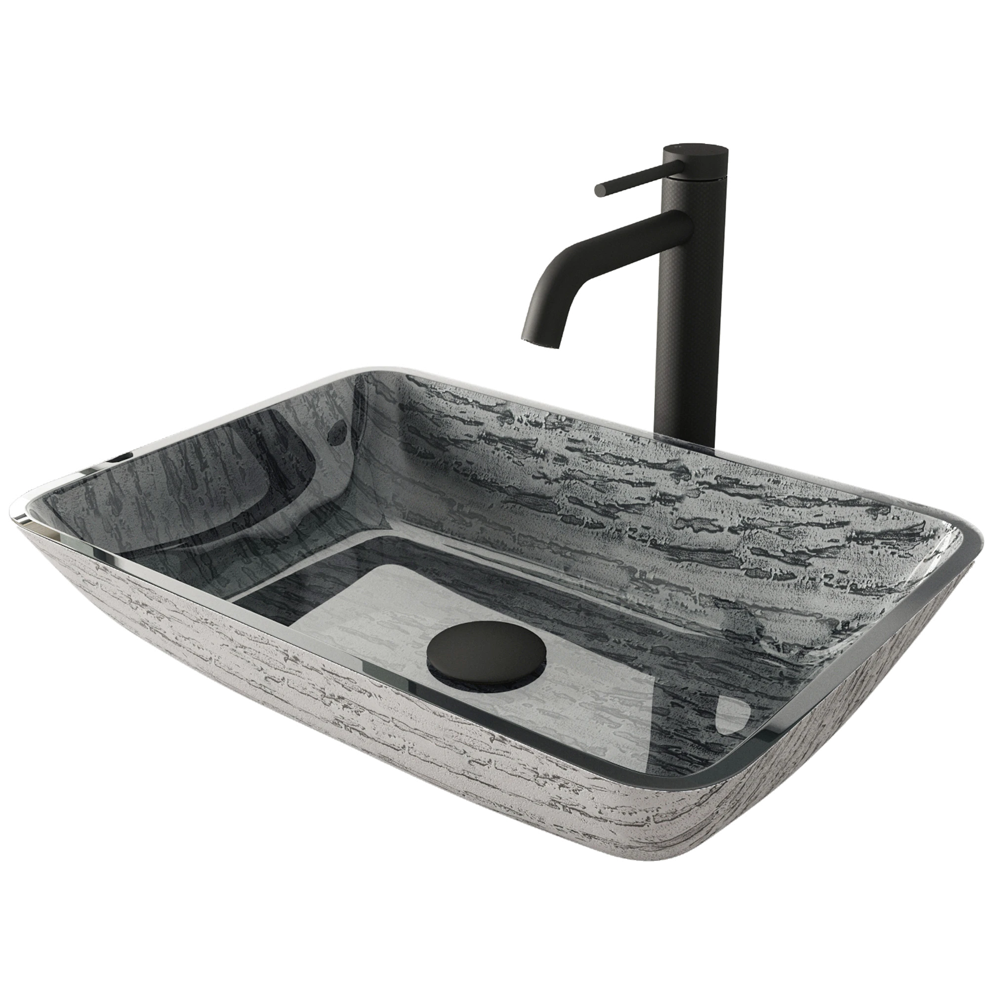Glass Rectangular Vessel Bathroom Sink in Titanium Gray with Lexington Faucet and Pop-Up Drain