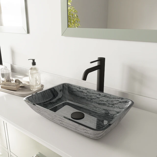 Glass Rectangular Vessel Bathroom Sink in Titanium Gray with Lexington Faucet and Pop-Up Drain - angle 3 - other
