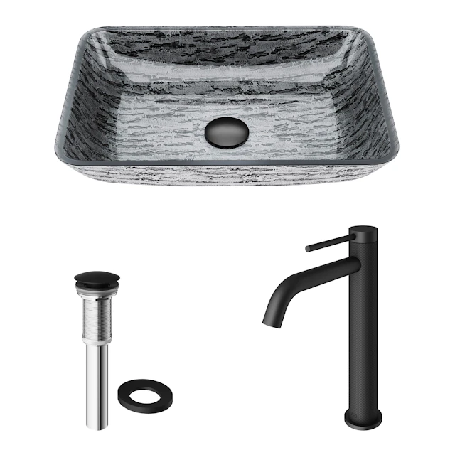 Glass Rectangular Vessel Bathroom Sink in Titanium Gray with Lexington Faucet and Pop-Up Drain - angle 4 - other