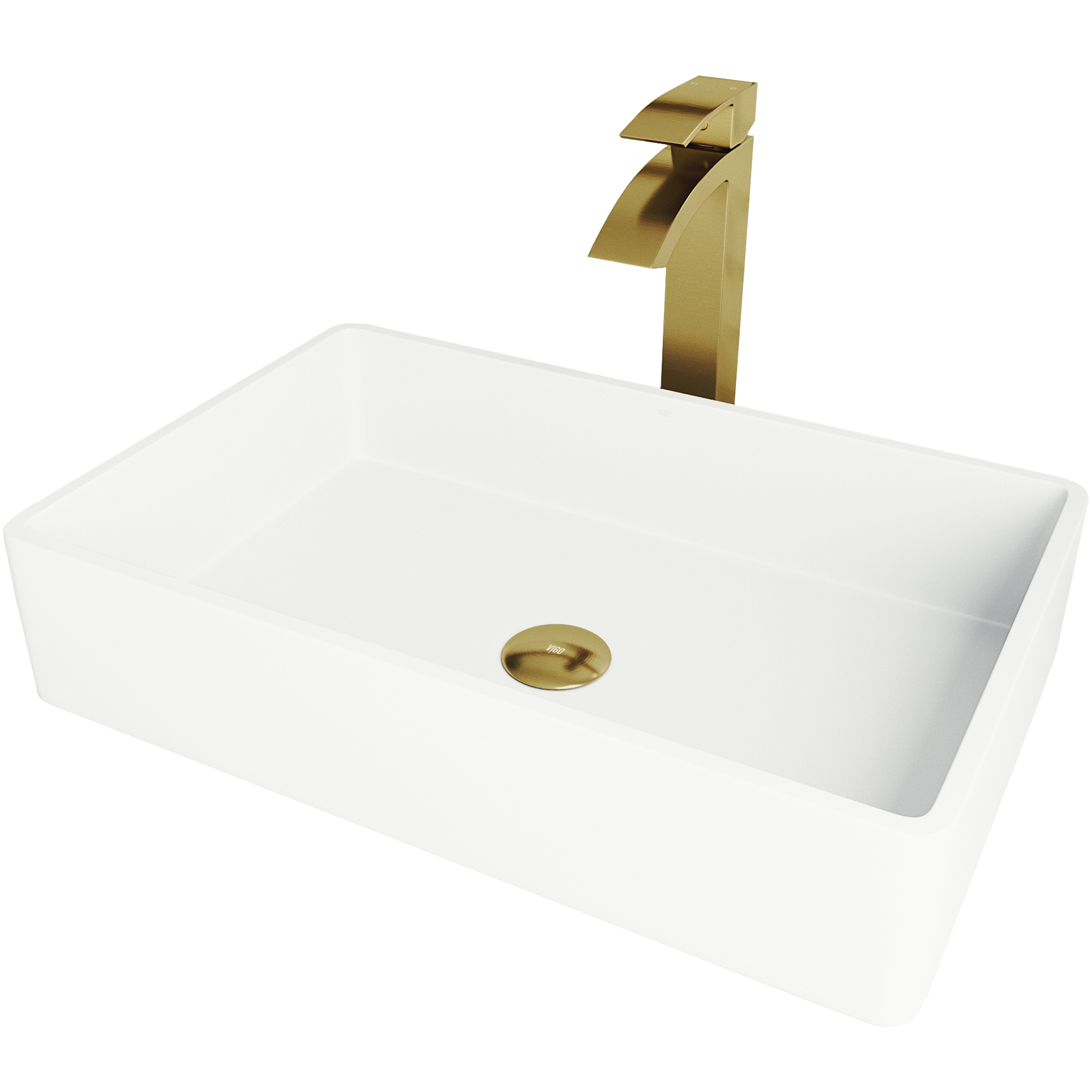 Matte Stone Magnolia Composite Rectangular Vessel Bathroom Sink in White with Faucet and Pop-Up Drain in Matte Gold