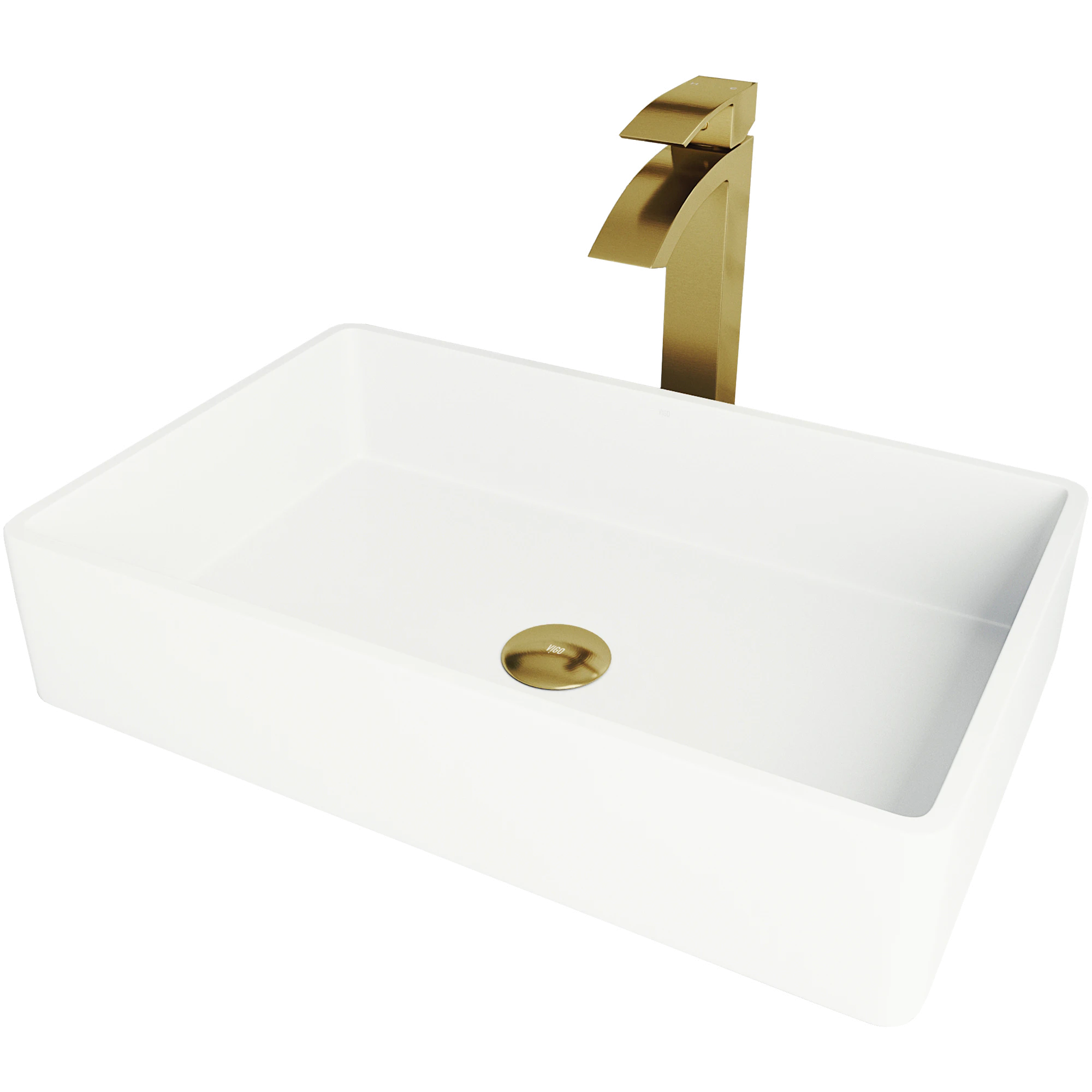 Matte Stone Magnolia Composite Rectangular Vessel Bathroom Sink in White with Faucet and Pop-Up Drain in Matte Gold