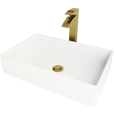 Matte Stone Magnolia Composite Rectangular Vessel Bathroom Sink in White with Faucet and Pop-Up Drain in Matte Gold