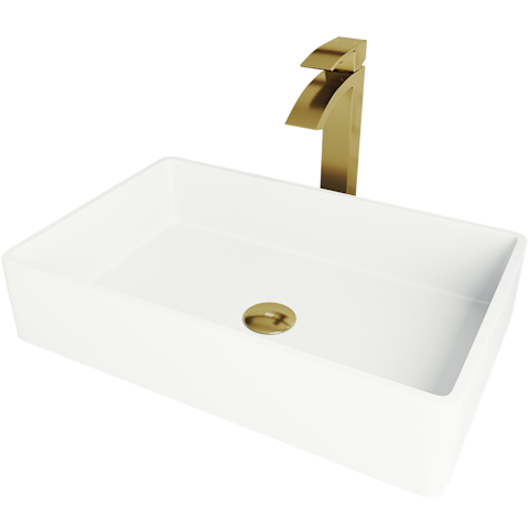 Matte Stone Magnolia Composite Rectangular Vessel Bathroom Sink in White with Faucet and Pop-Up Drain in Matte Gold - image 1 - other