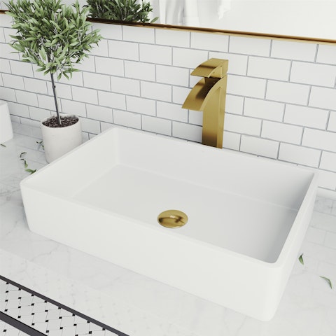 Matte Stone Magnolia Composite Rectangular Vessel Bathroom Sink in White with Faucet and Pop-Up Drain in Matte Gold - image 3 - other