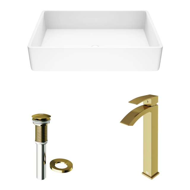 Matte Stone Magnolia Composite Rectangular Vessel Bathroom Sink in White with Faucet and Pop-Up Drain in Matte Gold - image 4 - other