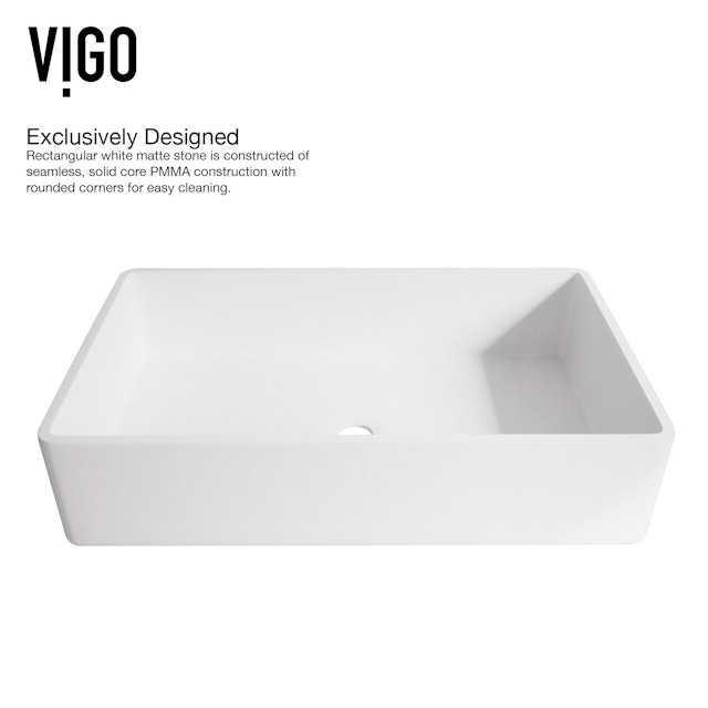 Matte Stone Magnolia Composite Rectangular Vessel Bathroom Sink in White with Faucet and Pop-Up Drain in Matte Gold - image 7 - other