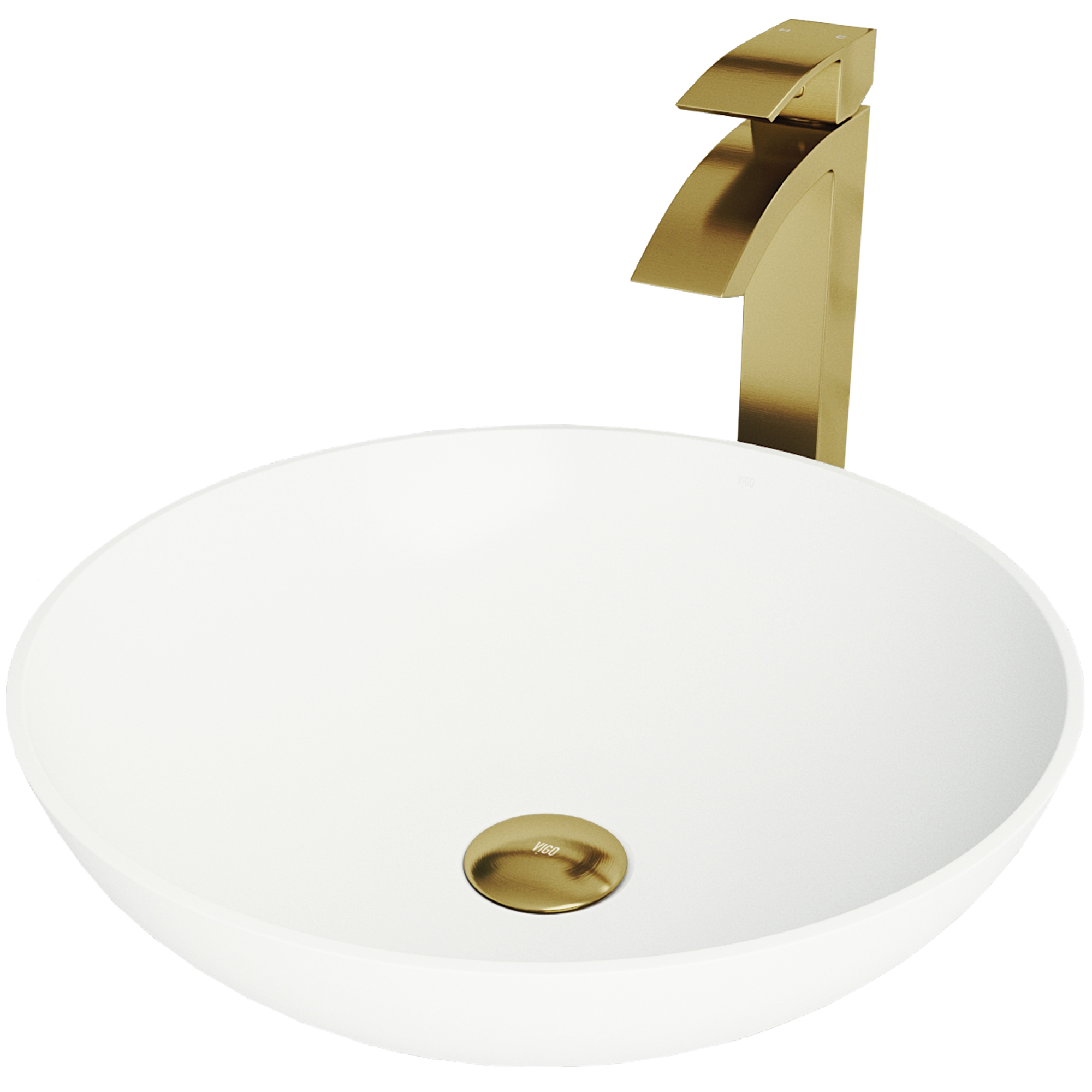 Matte Stone Lotus Composite Round Vessel Bathroom Sink in White with Duris Faucet and Pop-Up Drain in Matte Gold