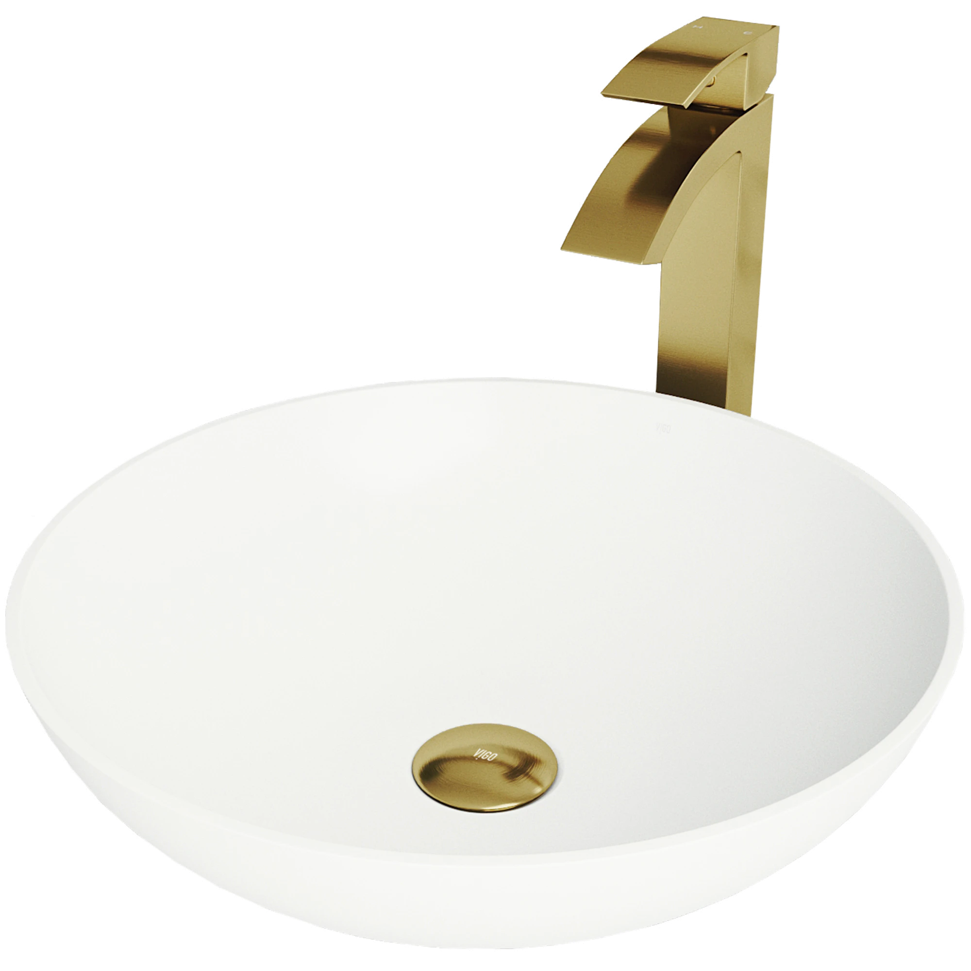 Matte Stone Lotus Composite Round Vessel Bathroom Sink in White with Duris Faucet and Pop-Up Drain in Matte Gold