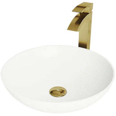 Matte Stone Lotus Composite Round Vessel Bathroom Sink in White with Duris Faucet and Pop-Up Drain in Matte Gold