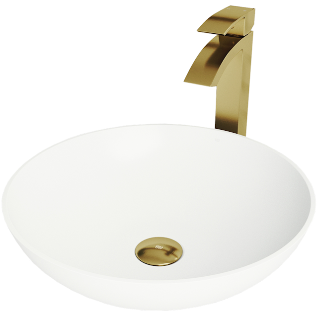 Matte Stone Lotus Composite Round Vessel Bathroom Sink in White with Duris Faucet and Pop-Up Drain in Matte Gold - image 1 - other