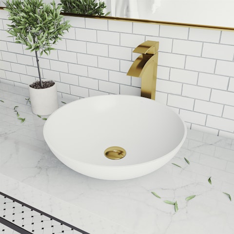 Matte Stone Lotus Composite Round Vessel Bathroom Sink in White with Duris Faucet and Pop-Up Drain in Matte Gold - image 3 - other