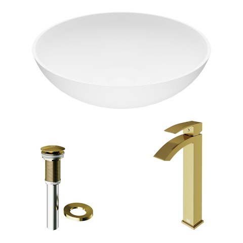 Matte Stone Lotus Composite Round Vessel Bathroom Sink in White with Duris Faucet and Pop-Up Drain in Matte Gold - image 4 - other