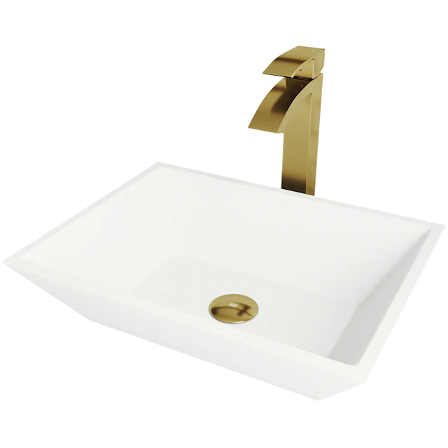 Matte Stone Vinca Composite Rectangular Vessel Bathroom Sink in White with Duris Faucet and Pop-Up Drain in Matte Gold - angle 1 - other