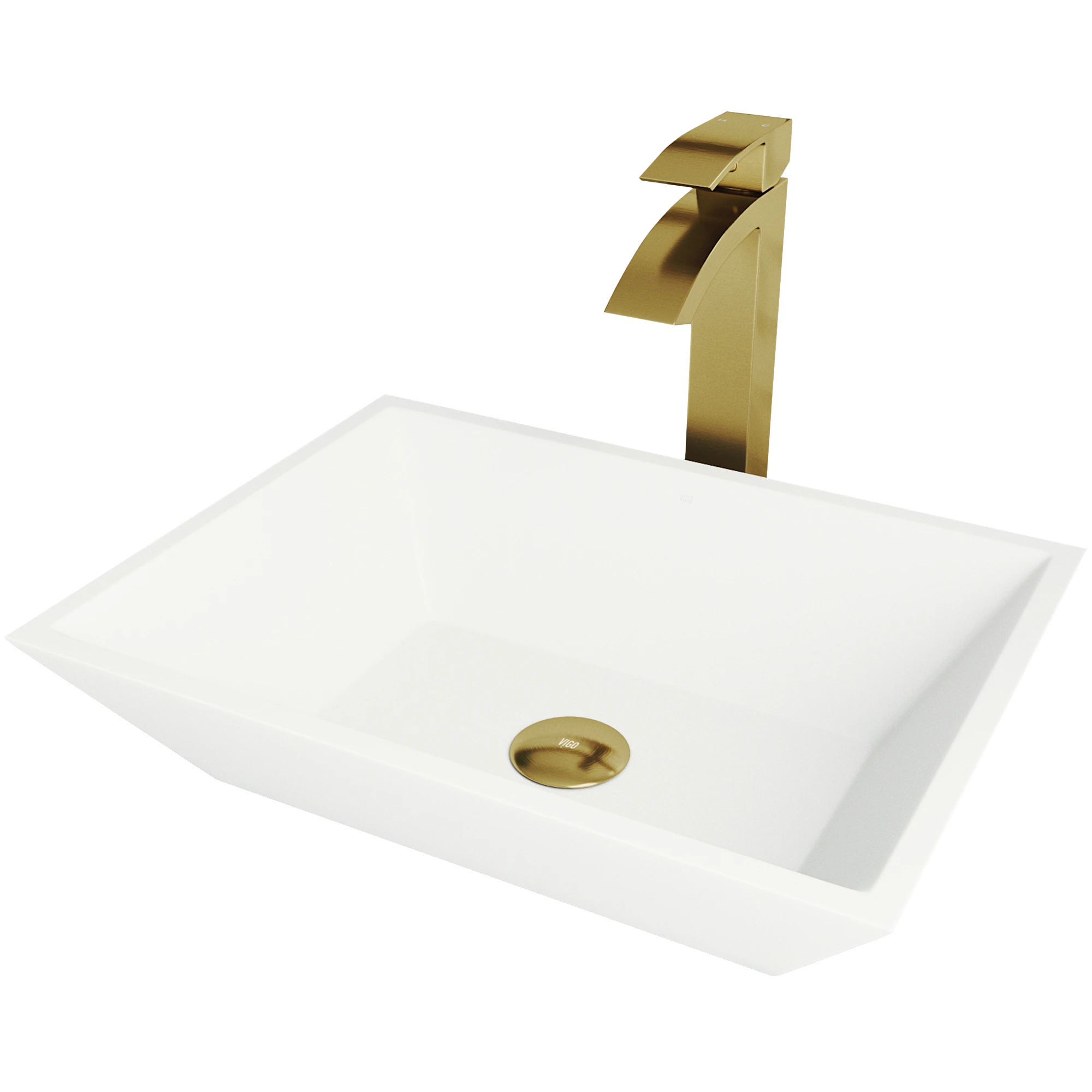 Matte Stone Vinca Composite Rectangular Vessel Bathroom Sink in White with Duris Faucet and Pop-Up Drain in Matte Gold