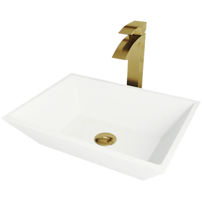 Matte Stone Vinca Composite Rectangular Vessel Bathroom Sink in White with Duris Faucet and Pop-Up Drain in Matte Gold