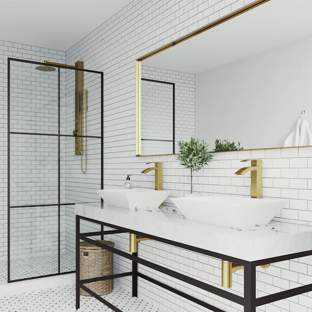Matte Stone Vinca Composite Rectangular Vessel Bathroom Sink in White with Duris Faucet and Pop-Up Drain in Matte Gold - angle 2 - other
