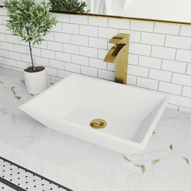 Matte Stone Vinca Composite Rectangular Vessel Bathroom Sink in White with Duris Faucet and Pop-Up Drain in Matte Gold - angle 3 - other