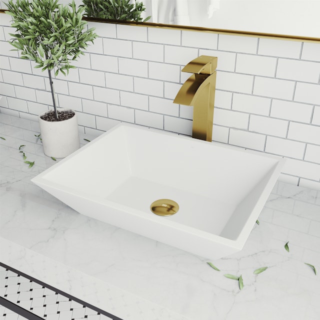 Matte Stone Vinca Composite Rectangular Vessel Bathroom Sink in White with Duris Faucet and Pop-Up Drain in Matte Gold - image 3 - other