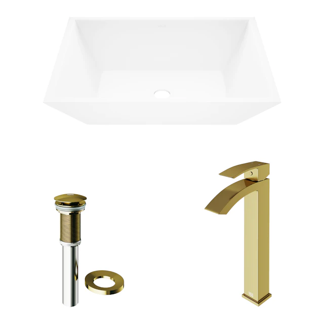 Matte Stone Vinca Composite Rectangular Vessel Bathroom Sink in White with Duris Faucet and Pop-Up Drain in Matte Gold - angle 4 - other