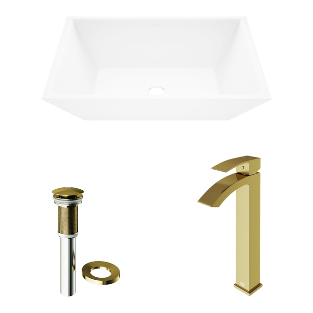 Matte Stone Vinca Composite Rectangular Vessel Bathroom Sink in White with Duris Faucet and Pop-Up Drain in Matte Gold - image 4 - other