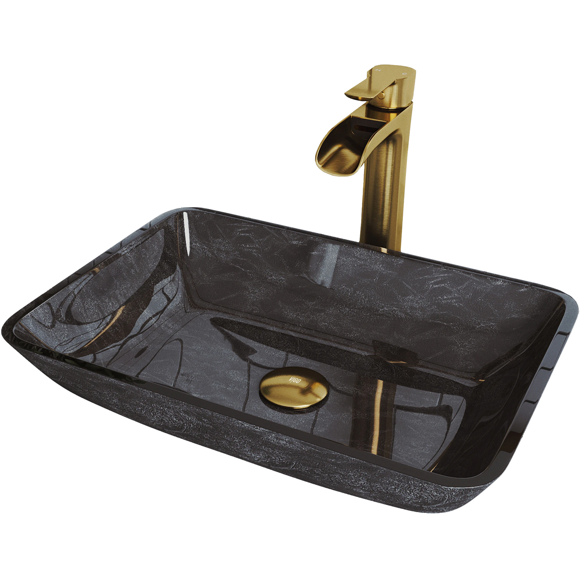 Glass Rectangular Vessel Bathroom Sink in Onyx Gray with Niko Faucet and Pop-Up Drain in Matte Gold