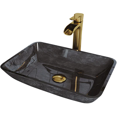 Glass Rectangular Vessel Bathroom Sink in Onyx Gray with Niko Faucet and Pop-Up Drain in Matte Gold