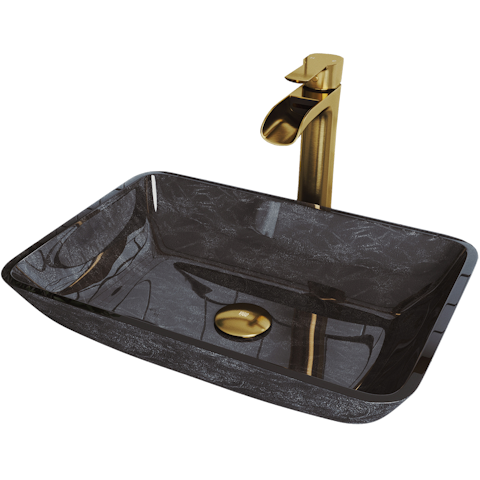 Glass Rectangular Vessel Bathroom Sink in Onyx Gray with Niko Faucet and Pop-Up Drain in Matte Gold - image 1 - other