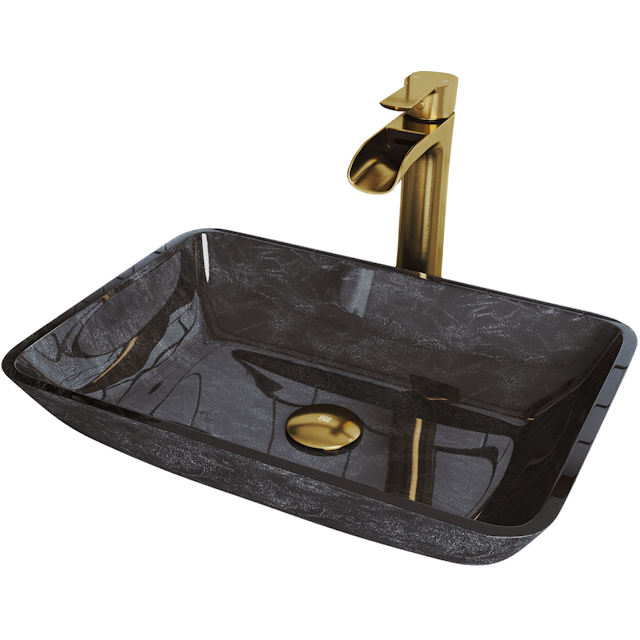 Glass Rectangular Vessel Bathroom Sink in Onyx Gray with Niko Faucet and Pop-Up Drain in Matte Gold - image 1 - other
