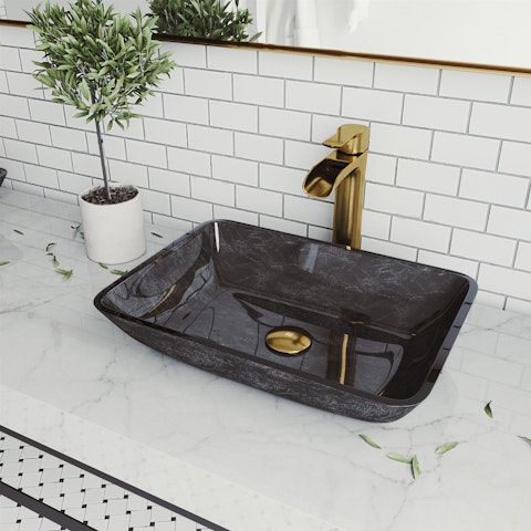 Glass Rectangular Vessel Bathroom Sink in Onyx Gray with Niko Faucet and Pop-Up Drain in Matte Gold - image 3 - other