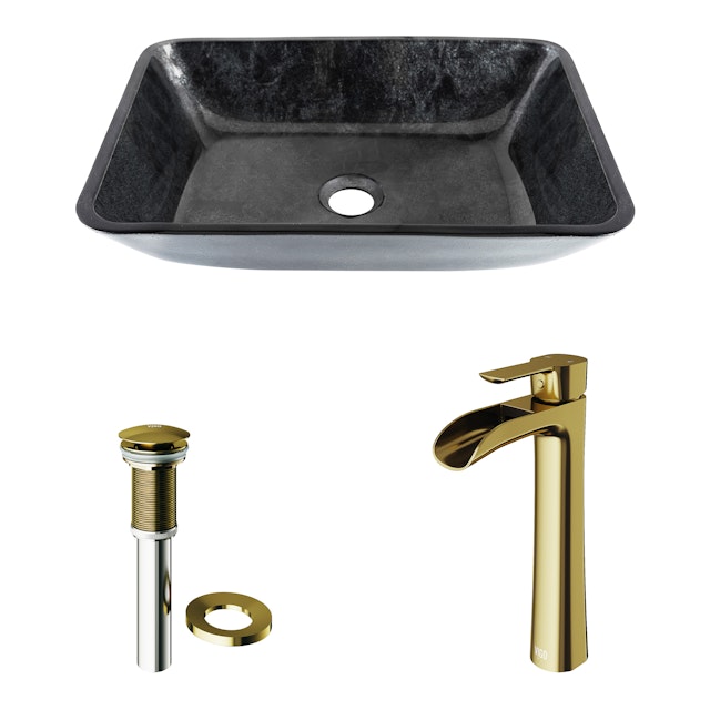 Glass Rectangular Vessel Bathroom Sink in Onyx Gray with Niko Faucet and Pop-Up Drain in Matte Gold - image 4 - other