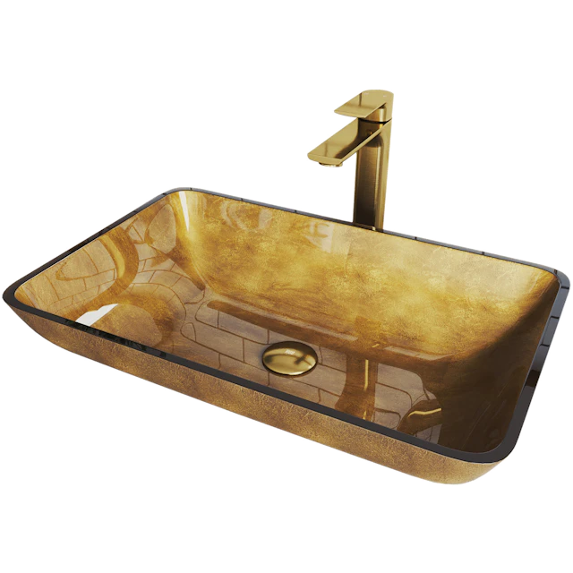 Glass Rectangular Vessel Bathroom Sink in Gold with Norfolk Faucet and Pop-Up Drain in Matte Gold - angle 1 - other