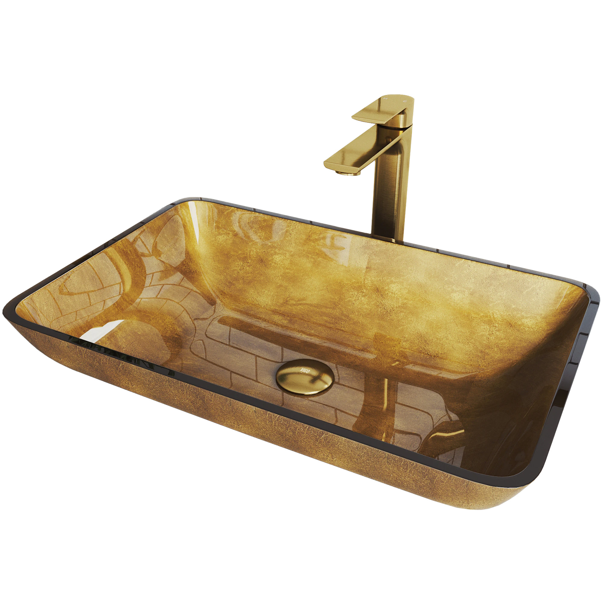 Glass Rectangular Vessel Bathroom Sink in Gold with Norfolk Faucet and Pop-Up Drain in Matte Gold
