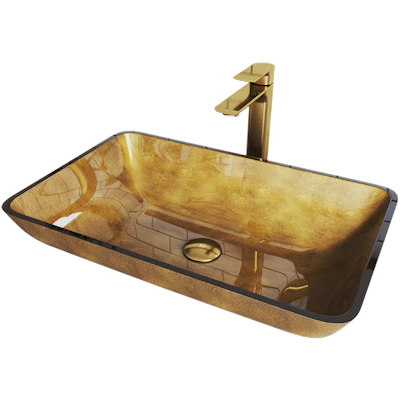 Glass Rectangular Vessel Bathroom Sink in Gold with Norfolk Faucet and Pop-Up Drain in Matte Gold
