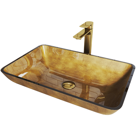 Glass Rectangular Vessel Bathroom Sink in Gold with Norfolk Faucet and Pop-Up Drain in Matte Gold - image 1 - other